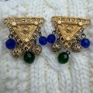 Vintage Ben Amun Egyptian Revival Chandelier Clip Earrings Blue Green Gold Tone